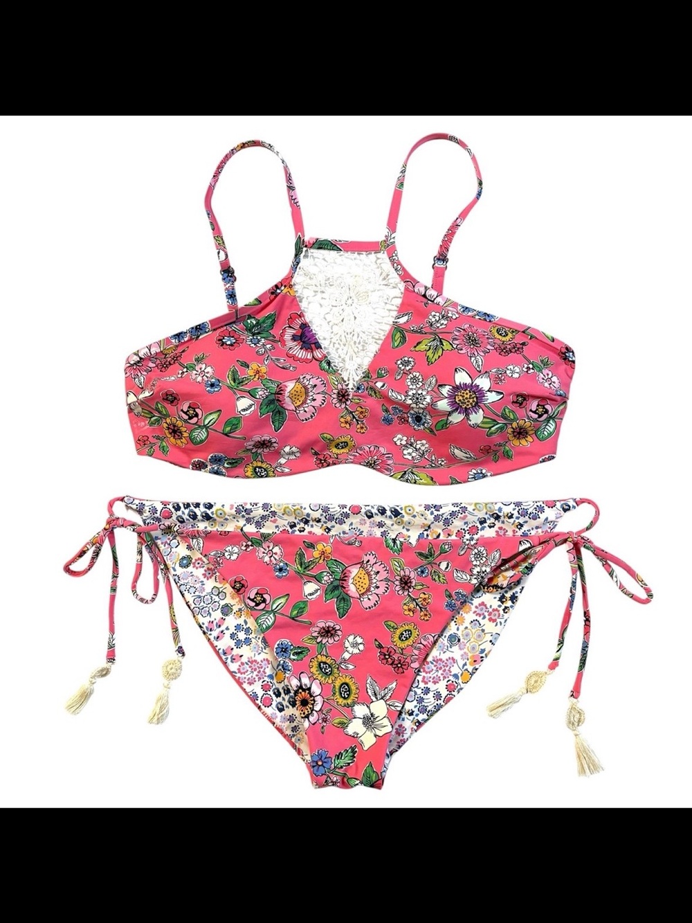Vera Bradley Reversible Floral Harper High-Neck 2 Pc Bikini Tassels L 12/14